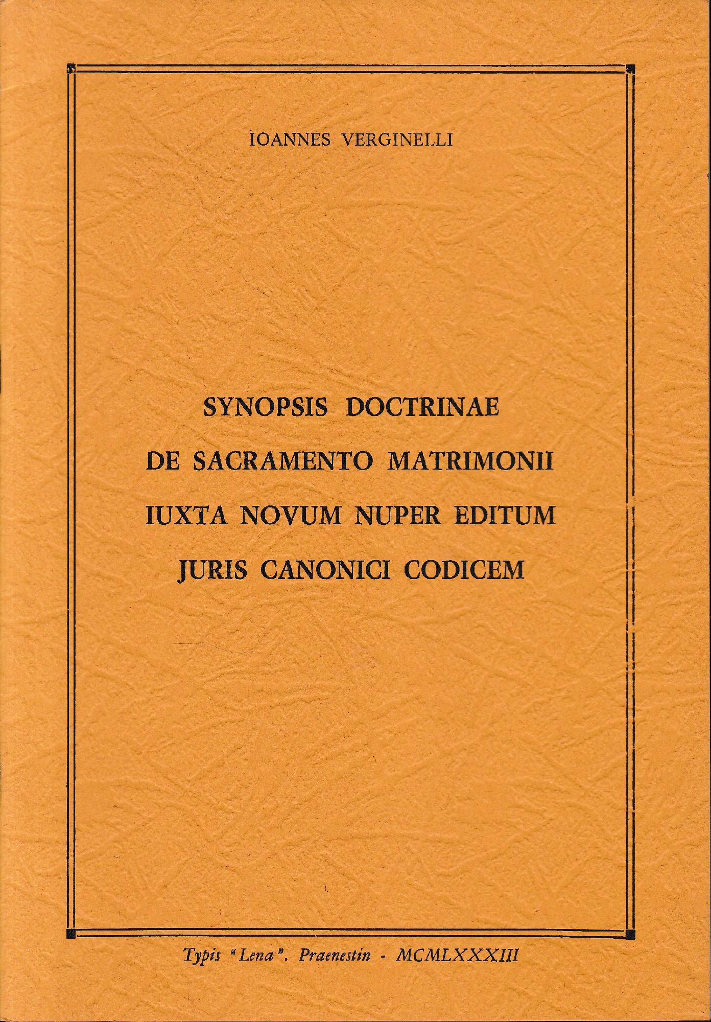 Synopsis doctrinae de sacramento matrimonii iuxta novum nuper editum juris canonici codicem - copertina