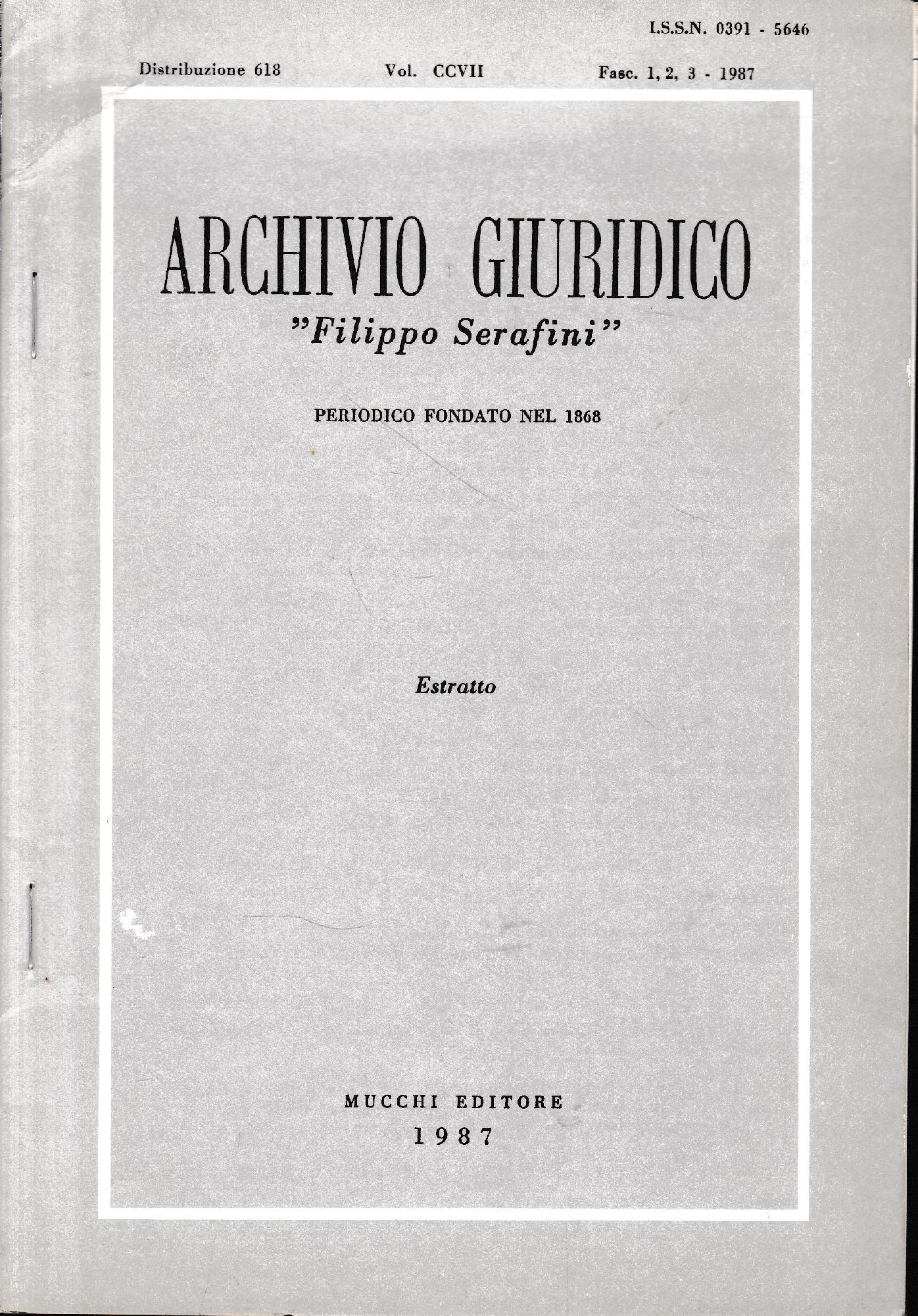 Archivio Giuridico "Filippo Serafini" (estratto vol. CCVII, fasc. 1,2,3 - 1987) - copertina