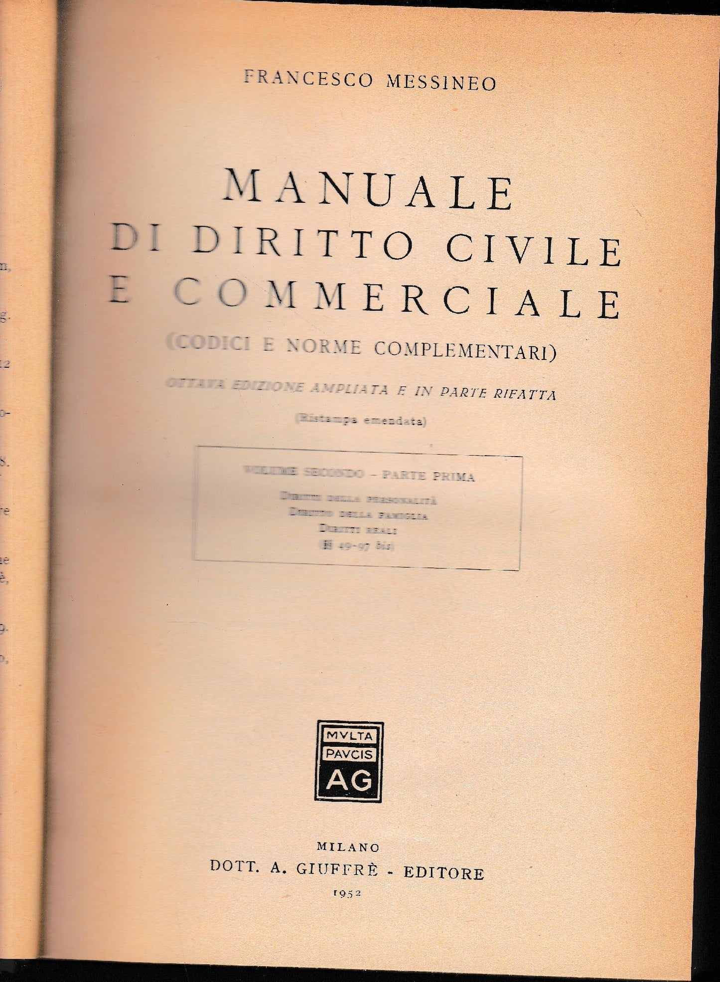 Manuale di Diritto Civile e Commerciale (codici e norme complementari) volume secondo - parte prima - copertina