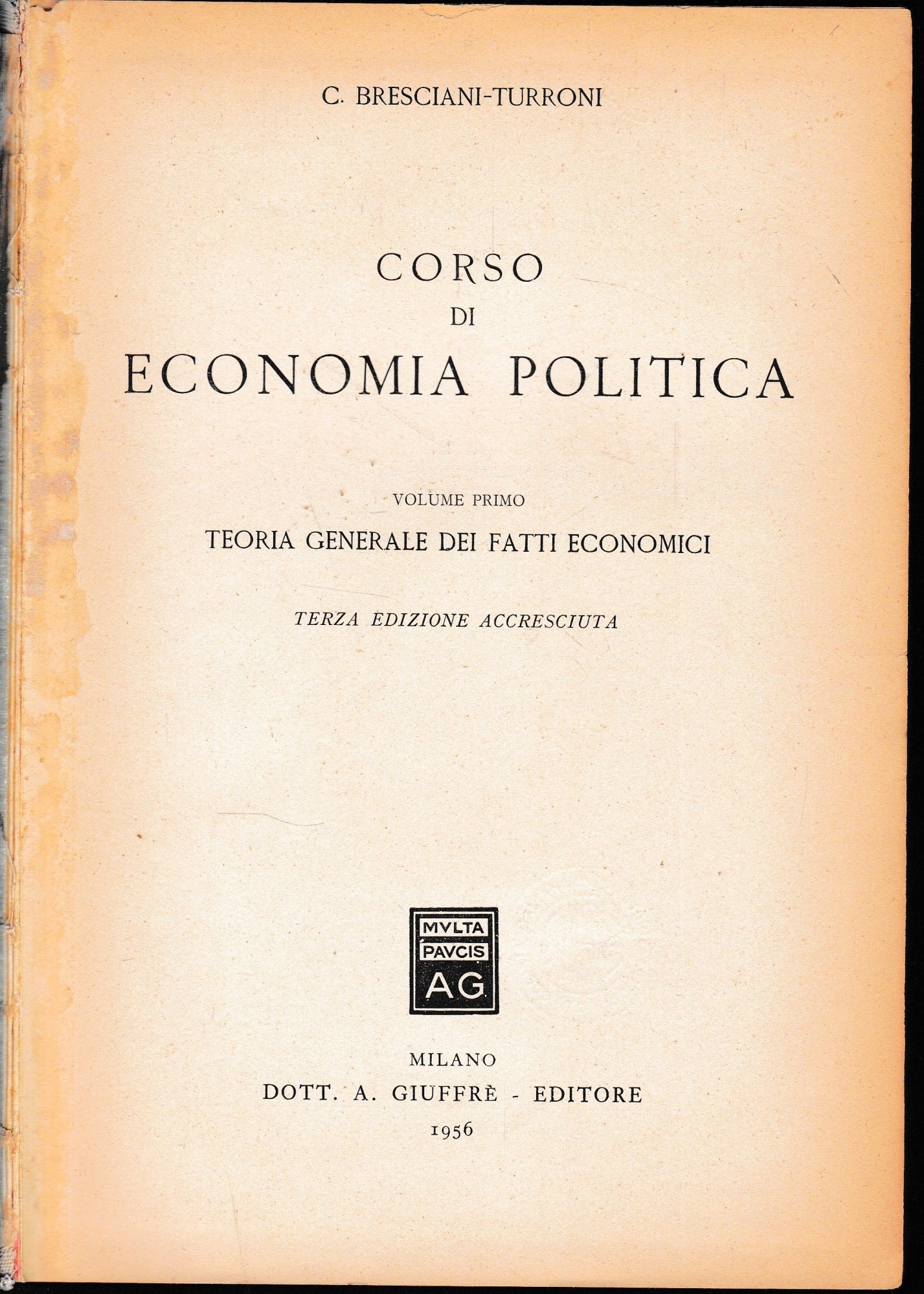Corso di Economia Politica, vol. 1° - copertina
