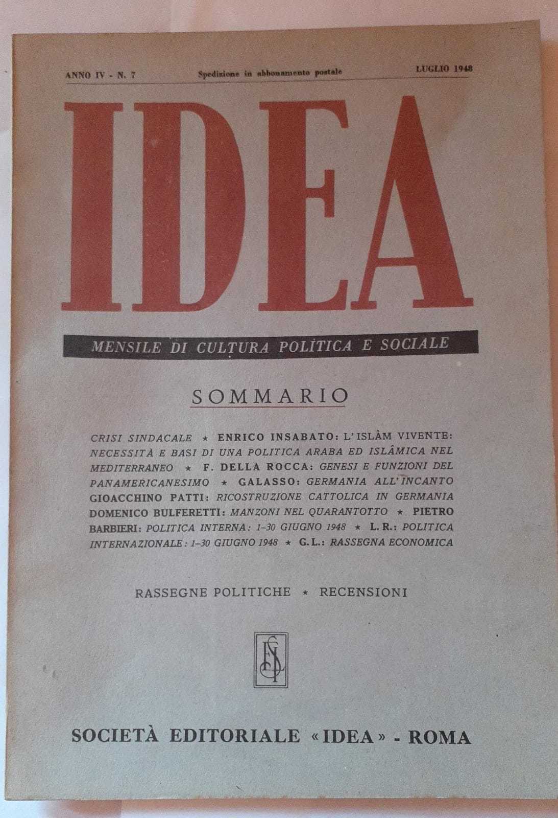 Idea. Mensile di cultura politica e sociale. Anno IV- N.7 - copertina