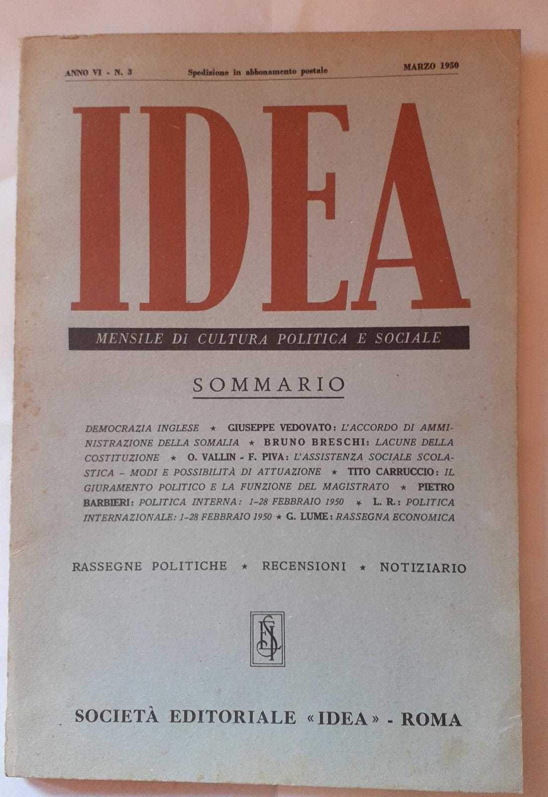 Idea. Mensile di cultura politica e sociale. Anno VI.- N.3 - copertina