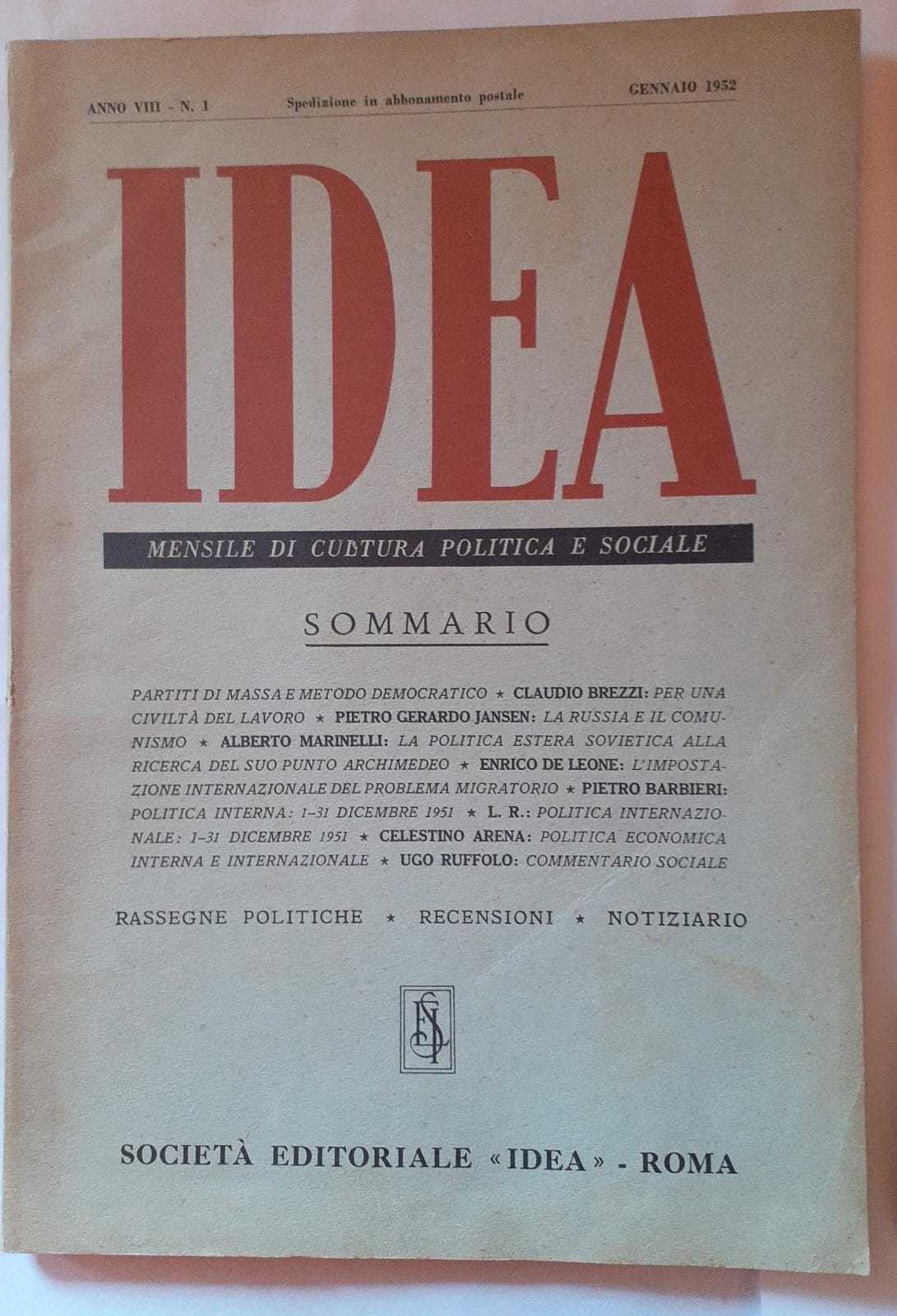 Idea. Mensile di cultura politica e sociale. Anno VIII. N.1 - copertina