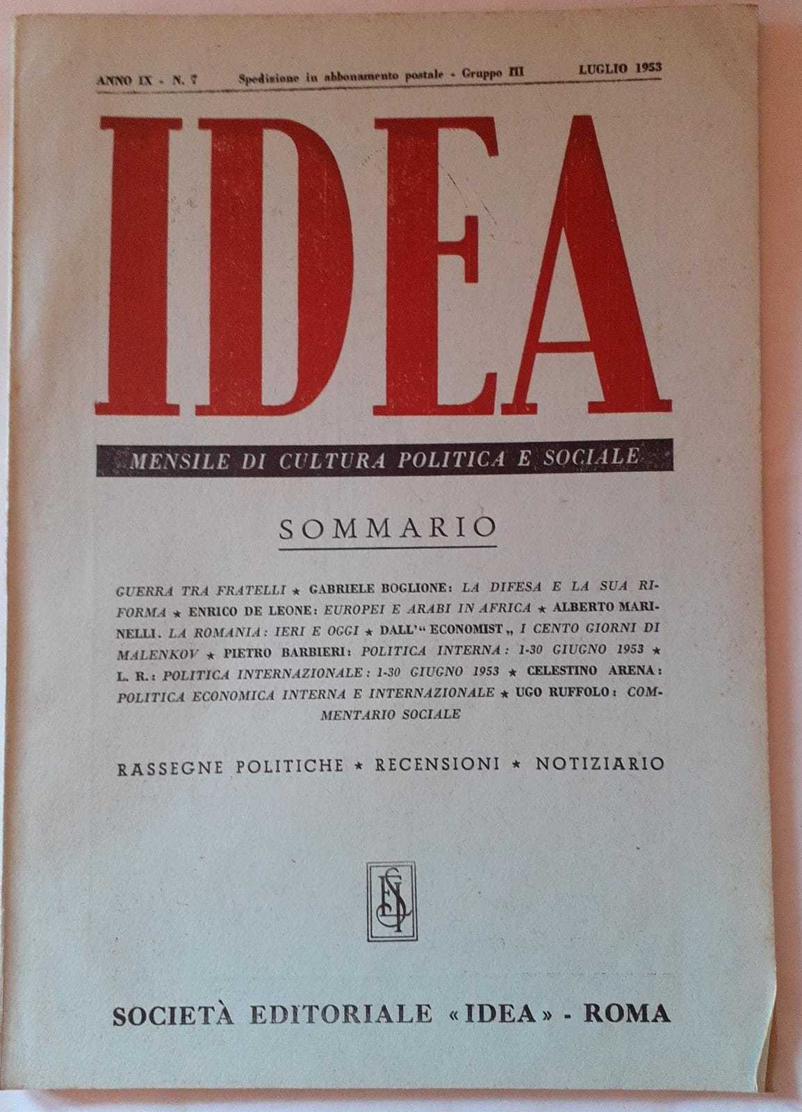 Idea. Mensile di cultura politica e sociale. Anno IX - N.7 - copertina