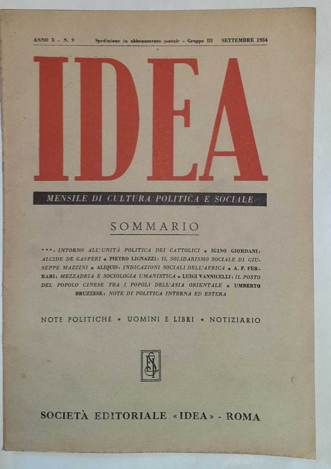 Idea. Mensile di cultura politica e sociale. Anno X-N.9 - copertina