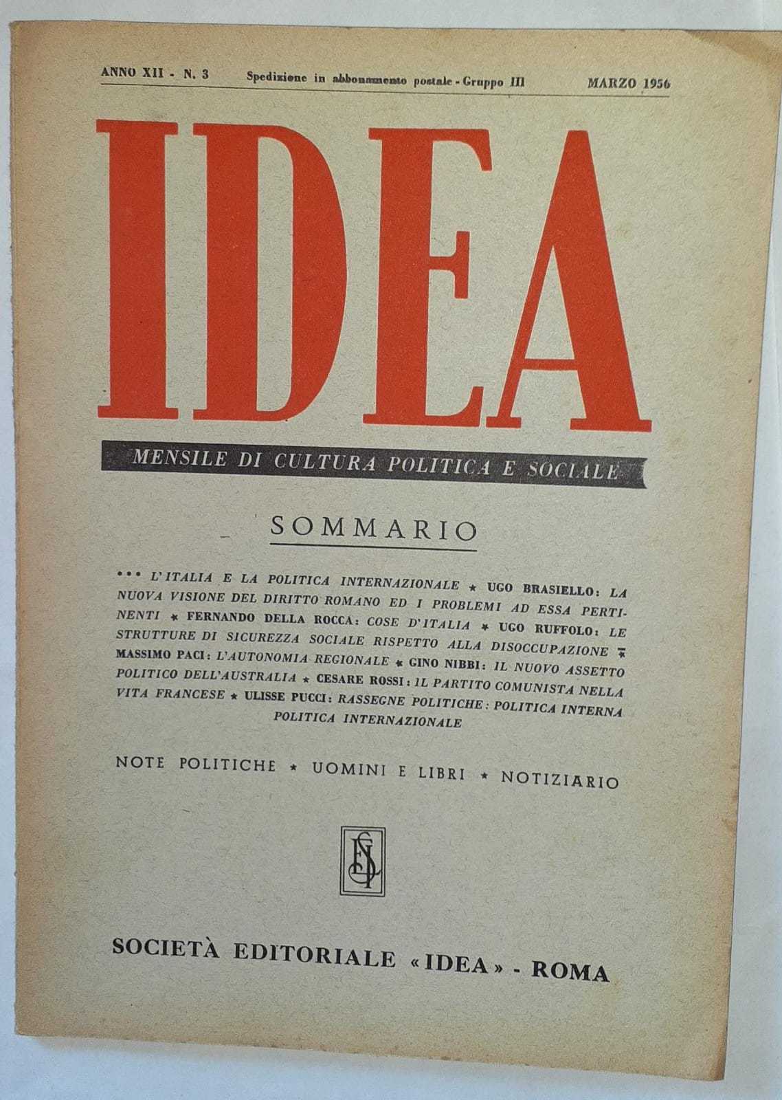 Idea. Mensile di cultura politica e sociale. Anno XII -N.3 - copertina