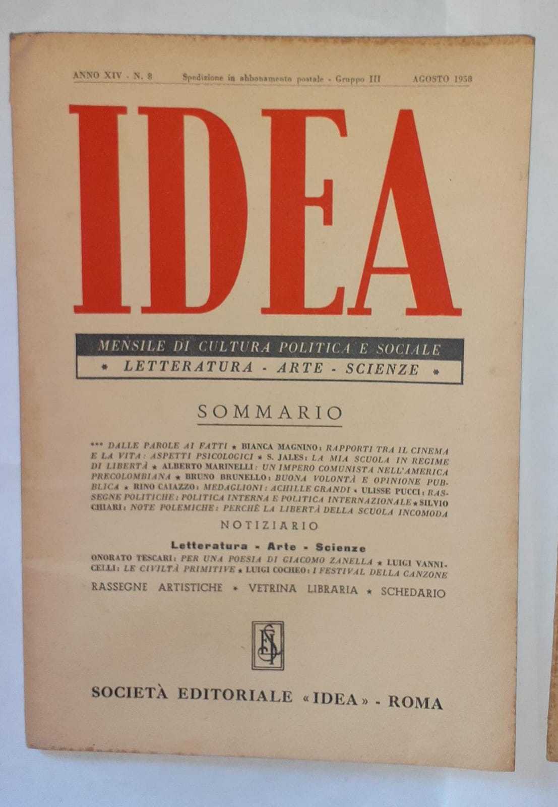 Idea. Mensile di cultura politica e sociale. Anno XIV -N.8 - copertina