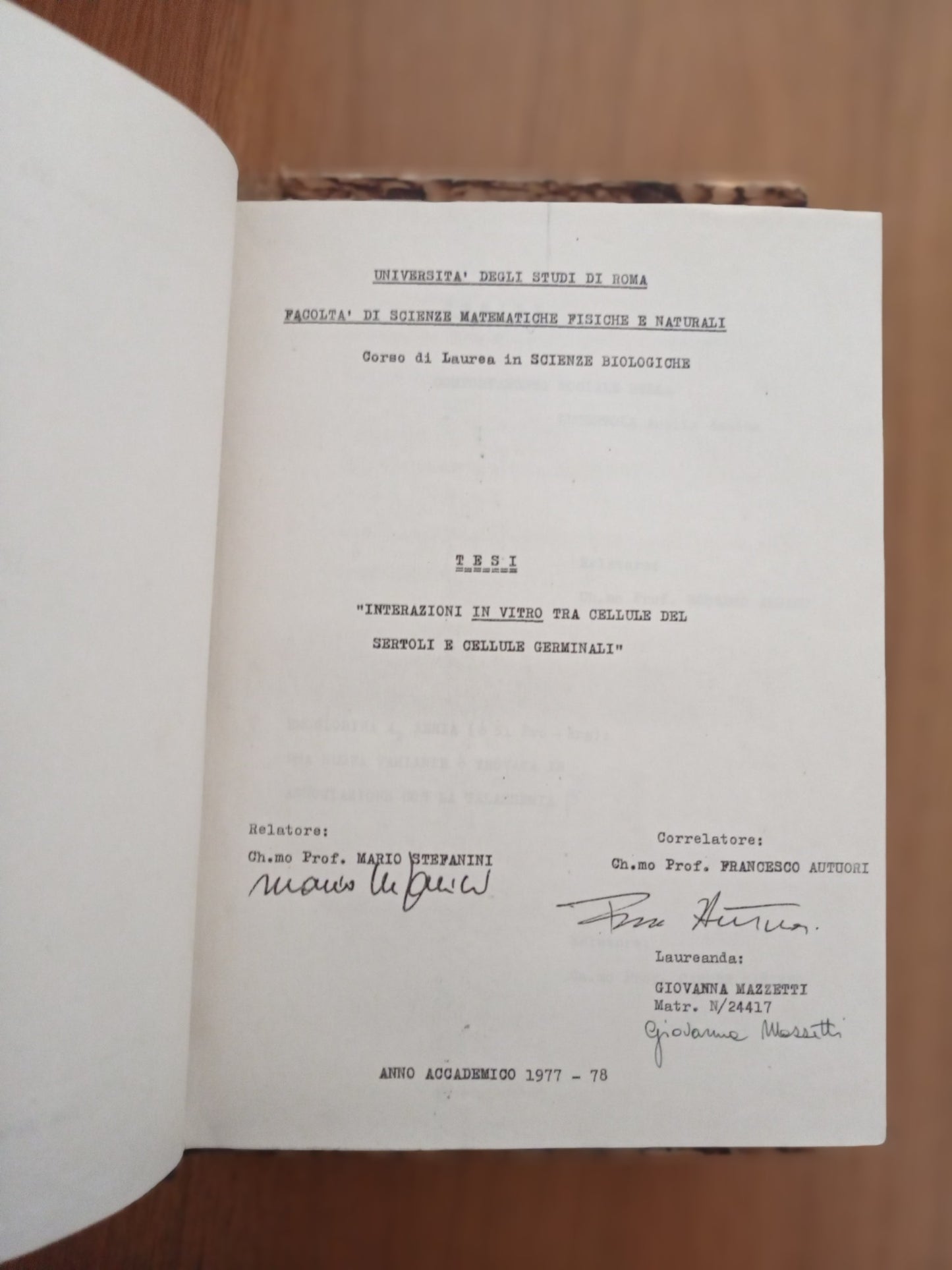 Tesi in Scienze Biologiche: INTERAZIONI IN VITRO TRA CELLULE DEL SERTOLI E CELLULE GERMINALI" - copertina
