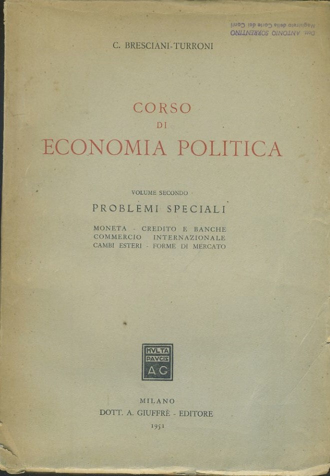 Corso di economia politica. Volume secondo. Problemi speciali - copertina