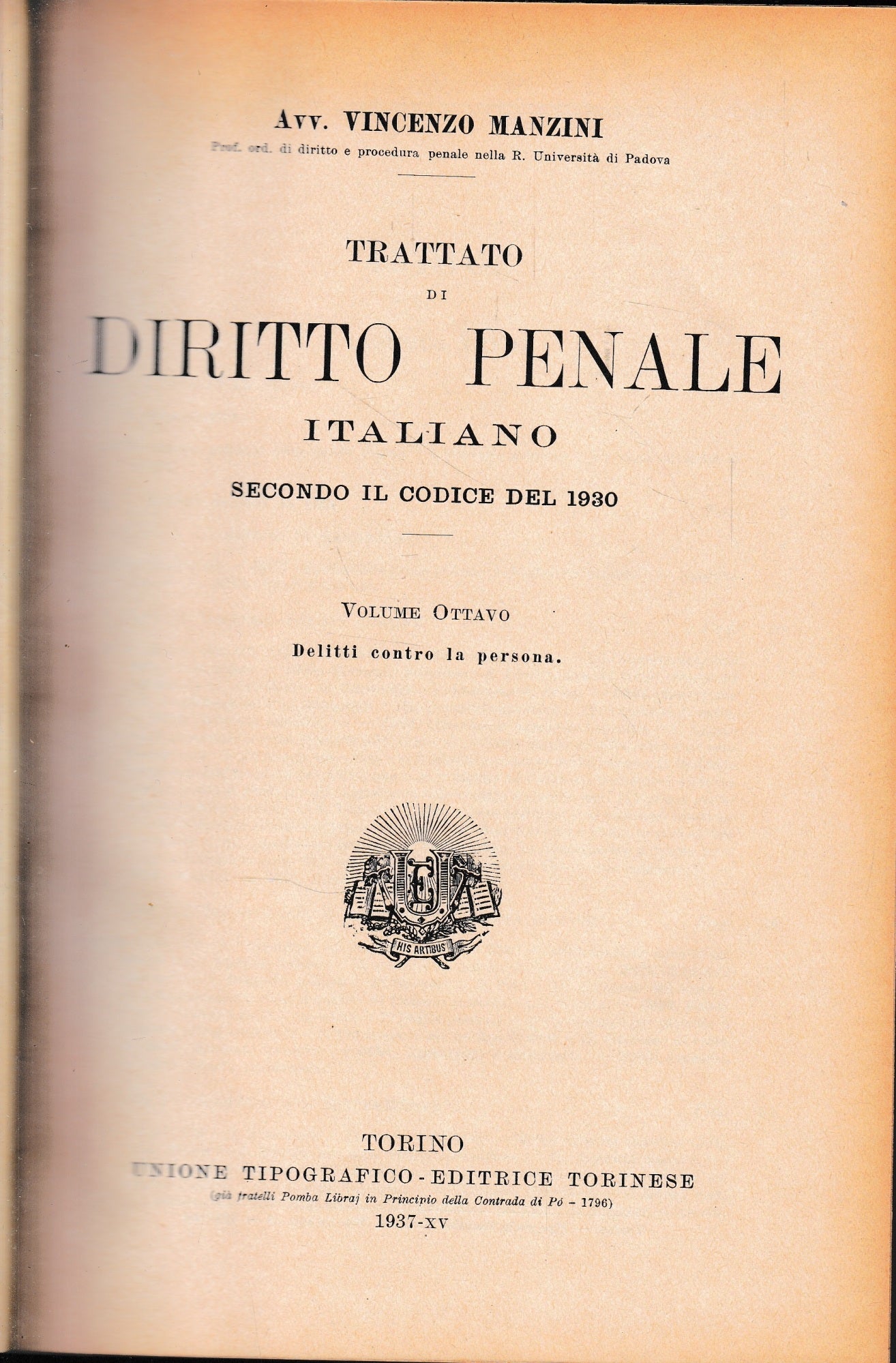 Trattato di Diritto Penale Italiano secondo il codice del 1930, vol. 8°. - copertina