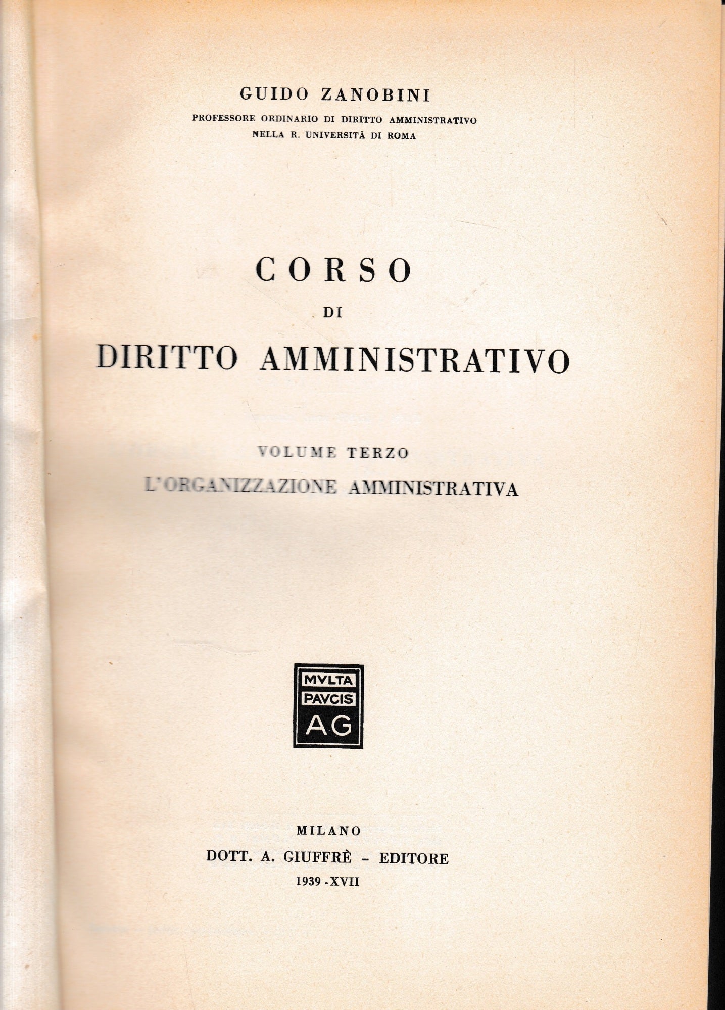 Corso di Diritto Amministrativo, vol. 3°, l'organizzazione amministrativa - copertina