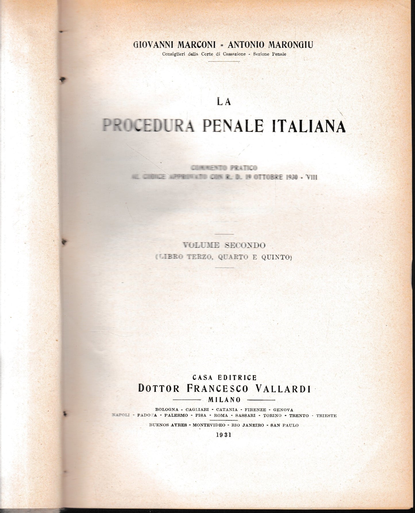 La procedura penale italiana, vol. 2°, libro terzo, quarto e quinto. - copertina