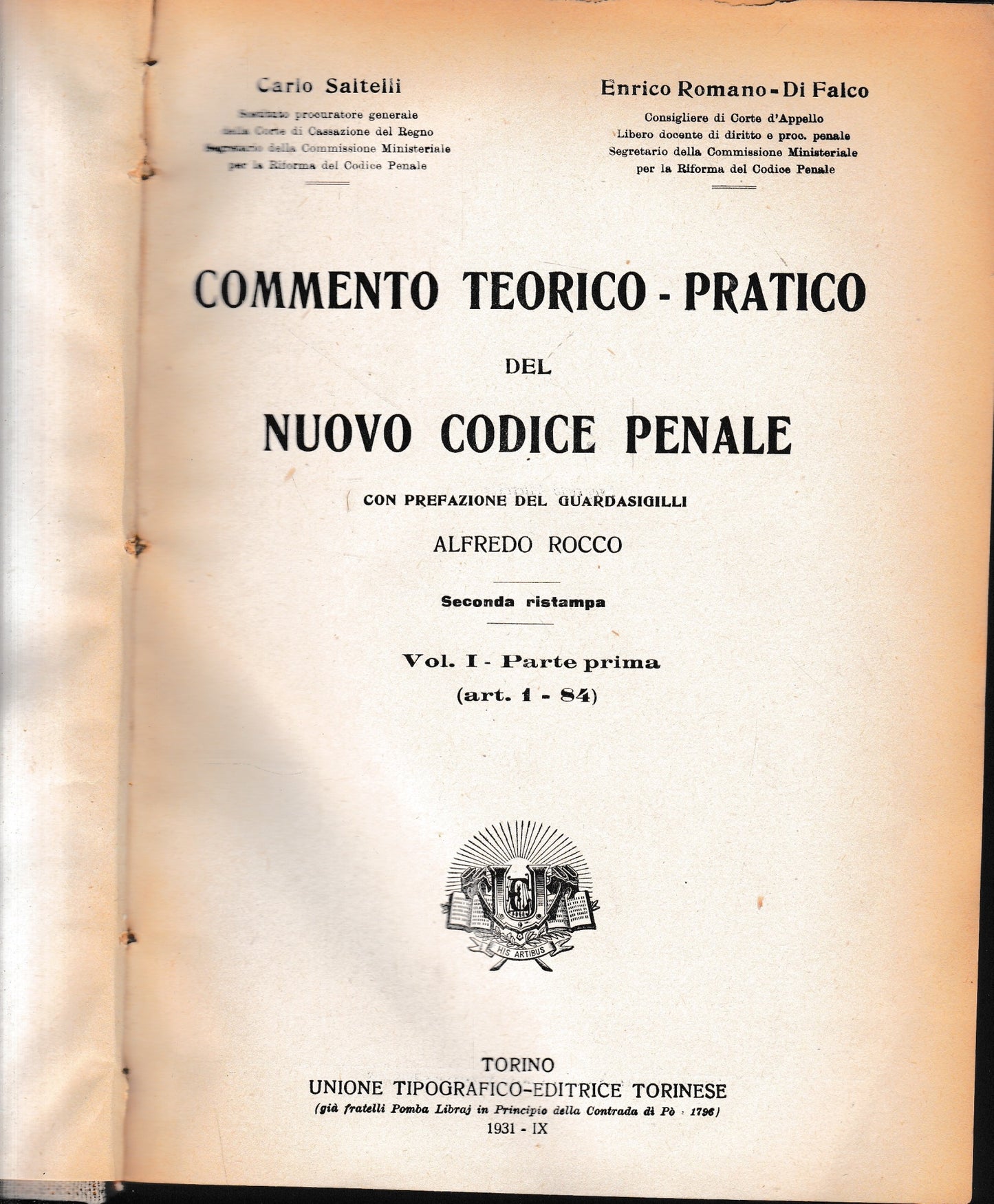 Commento teorico-pratico del nuovo codice penale, vol. 1 parte prima, art. 1-84 - copertina