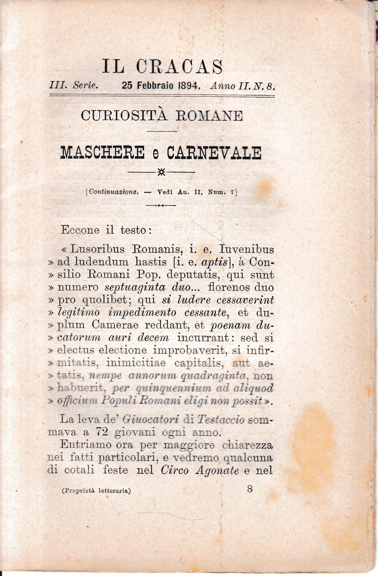 Il Cracas. Diario di Roma. Vol. 1. III serie, 25 Febbraio 1894, anno II, n. 8 - copertina