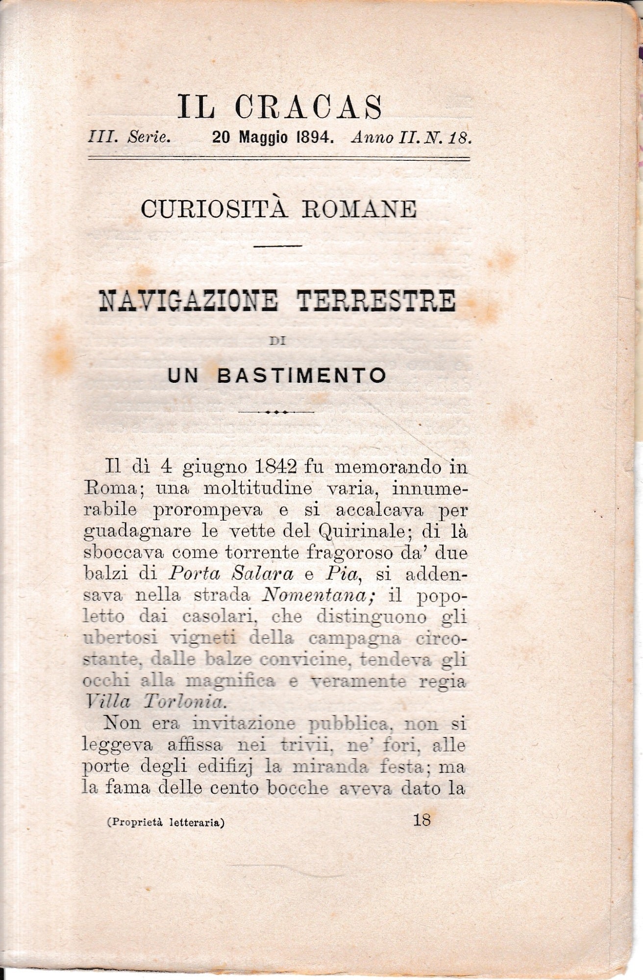 Il Cracas. Diario di Roma. Vol. 2. III serie, 20 Maggio 1894, anno II, n. 18 - copertina