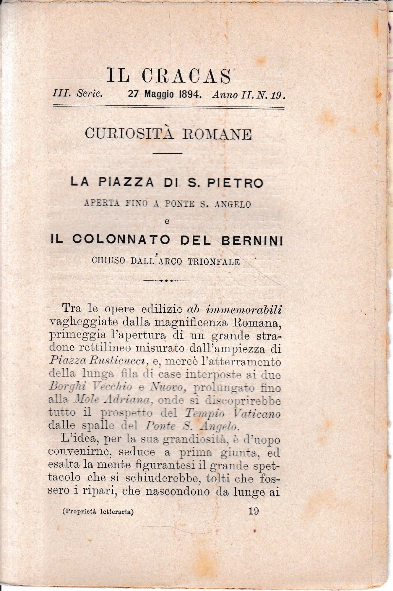 Il Cracas. Diario di Roma. Vol. 2. III serie, 27 Maggio 1894, anno II, n. 19 - copertina