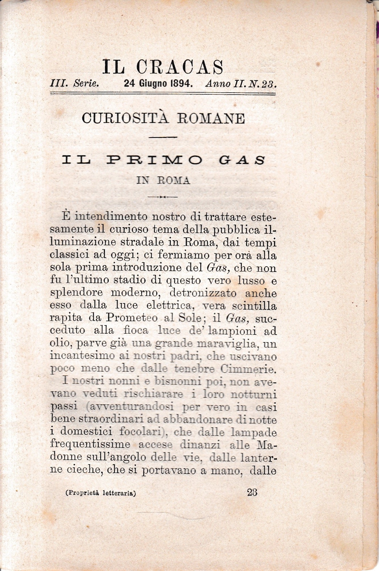 Il Cracas. Diario di Roma. Vol. 2. III serie, 24 Giugno 1894, anno II, n. 23 - copertina