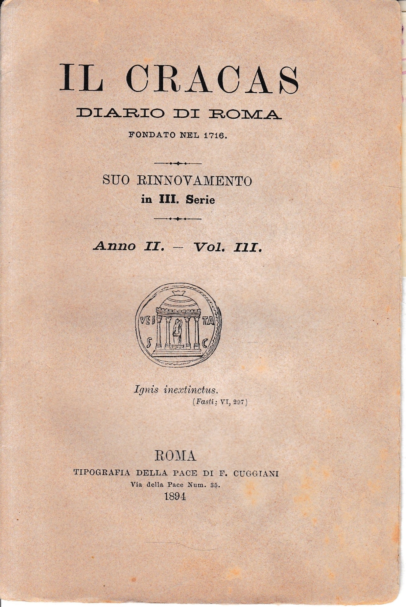 Il Cracas. Diario di Roma. Vol. 3. III serie, 8 Luglio 1894, anno II, n. 24 - copertina