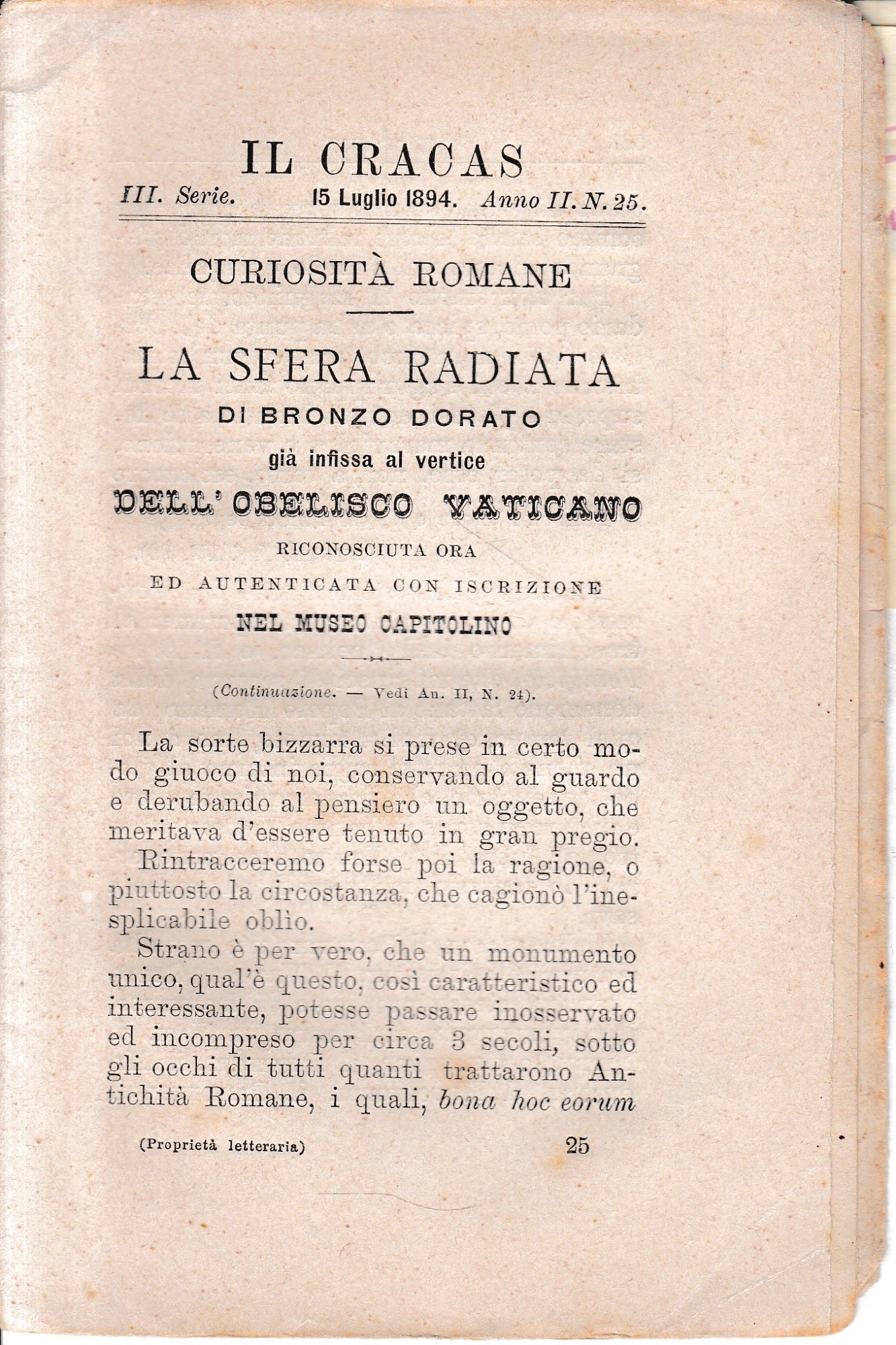 Il Cracas. Diario di Roma. Vol. 3. III serie, 15 Giugno 1894, anno II, n. 25 - copertina