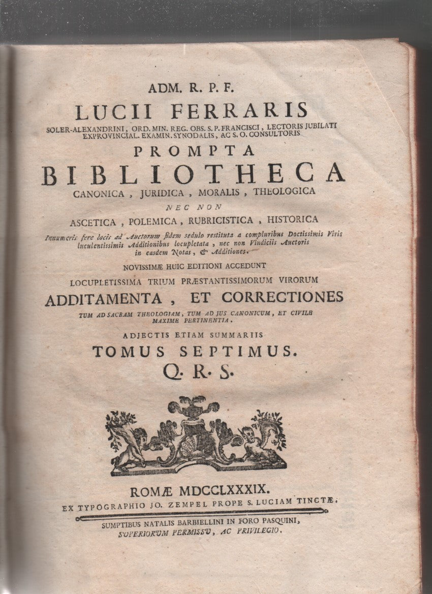 Prompta Bibliotheca. Canonica Juridica, Moralis, Theologica, nec non Ascetica, Polemica, Rubricistica, Historica (tomus septimus) - copertina