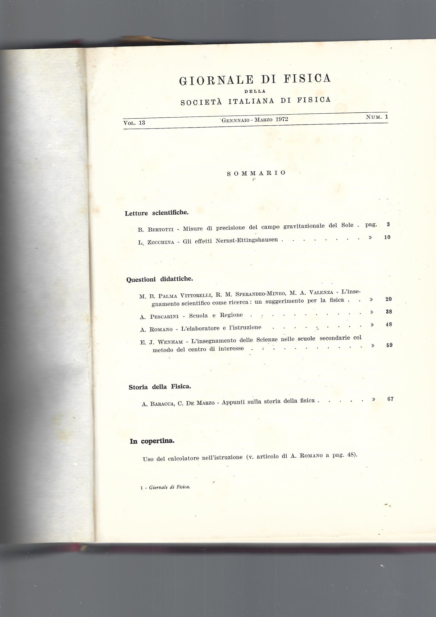 GIORNALE DI FISICA DELLA SOCIETA' ITALIANA DI FISICA vol 13 n. 1 - copertina
