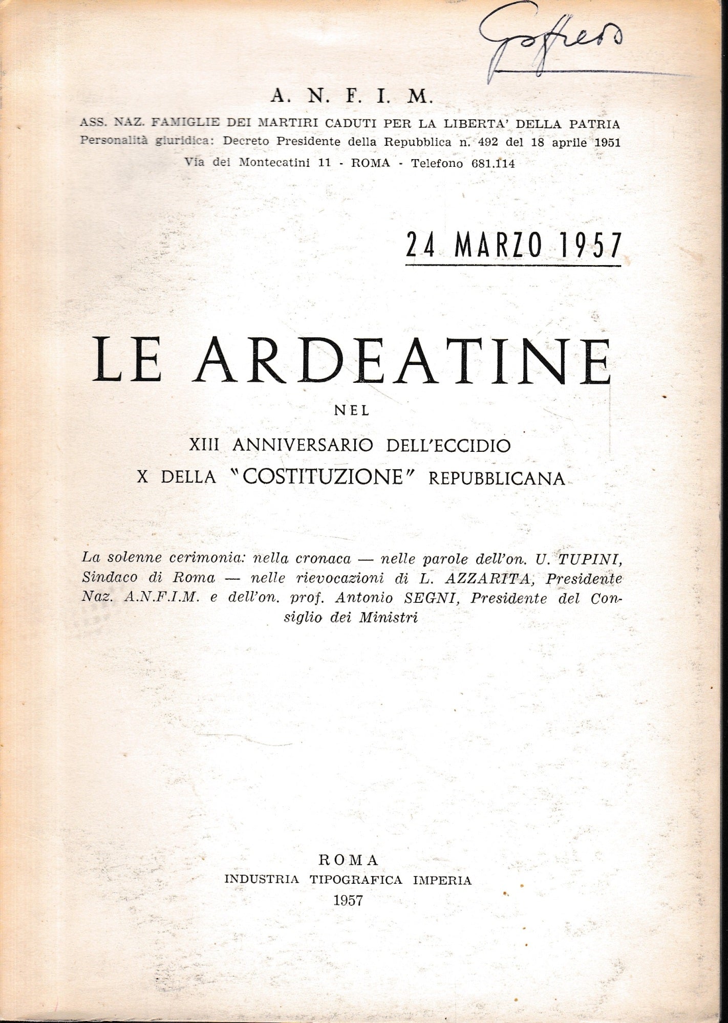 Le Ardeatine nel XIII anniversario dell'eccidio X della "costituzione" repubblicana - copertina