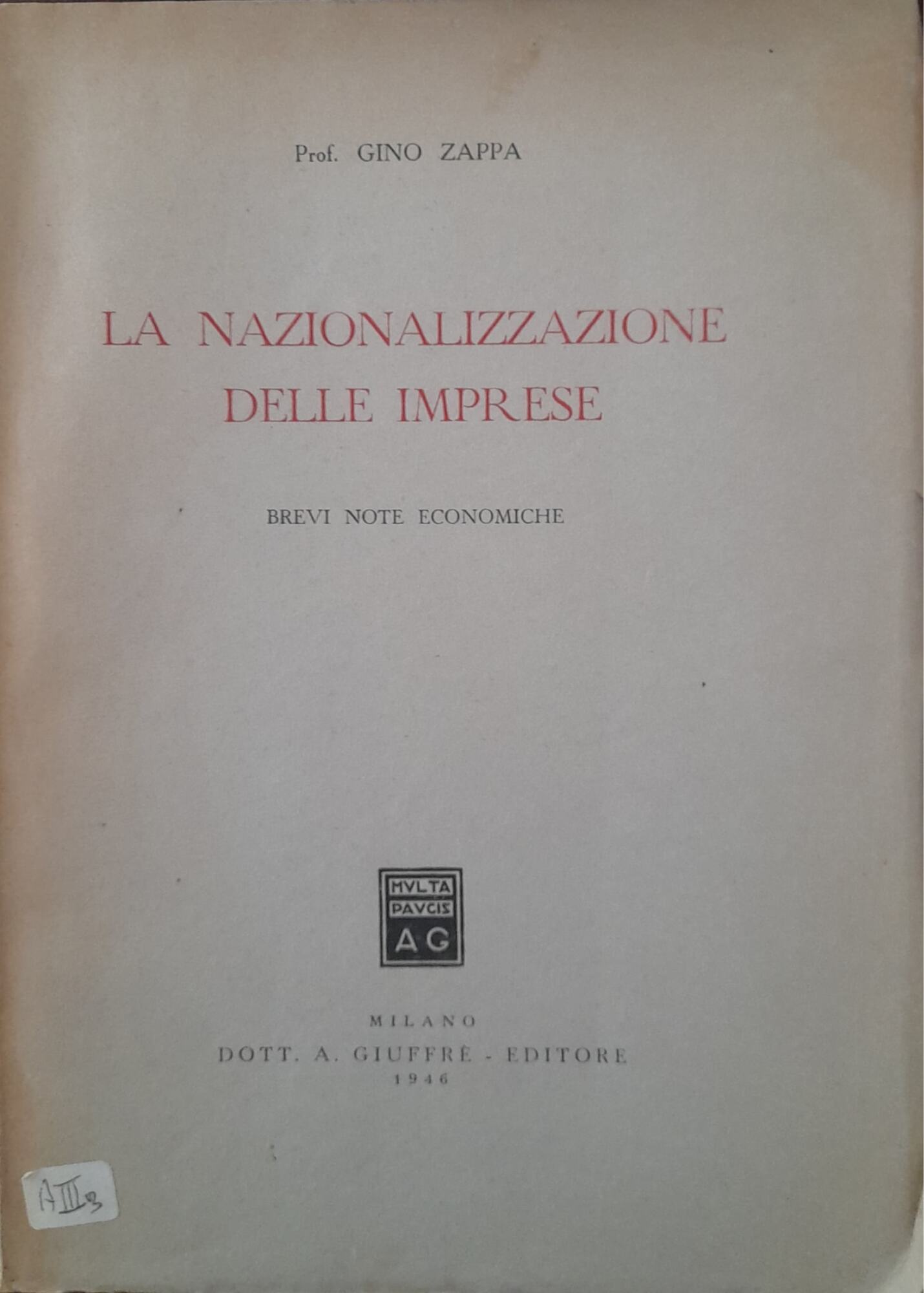 La nazionalizzazione delle imprese. Brevi note economiche - copertina