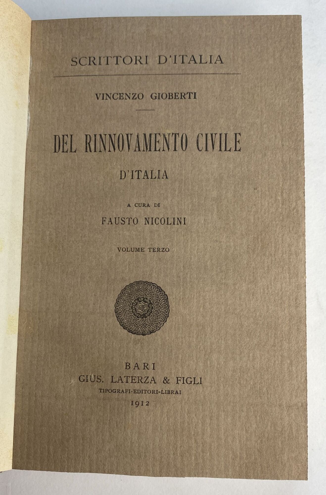 Del rinnovamento civile d'Italia volume terzo - copertina