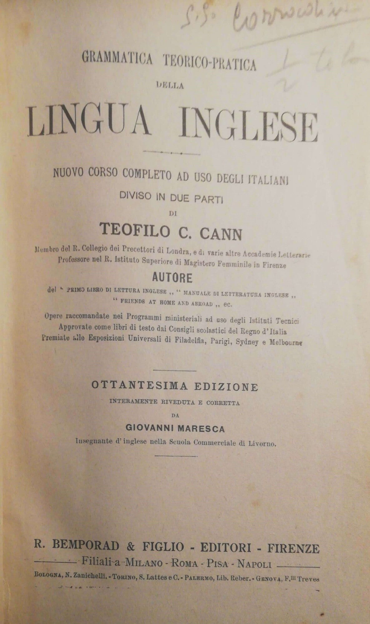 Grammatica teorico-pratica della lingua inglese - copertina