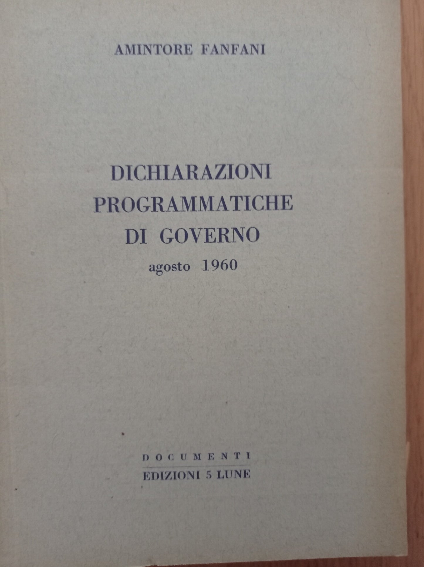 Dichiarazioni programmatiche di governo - Agosto 1960 - copertina