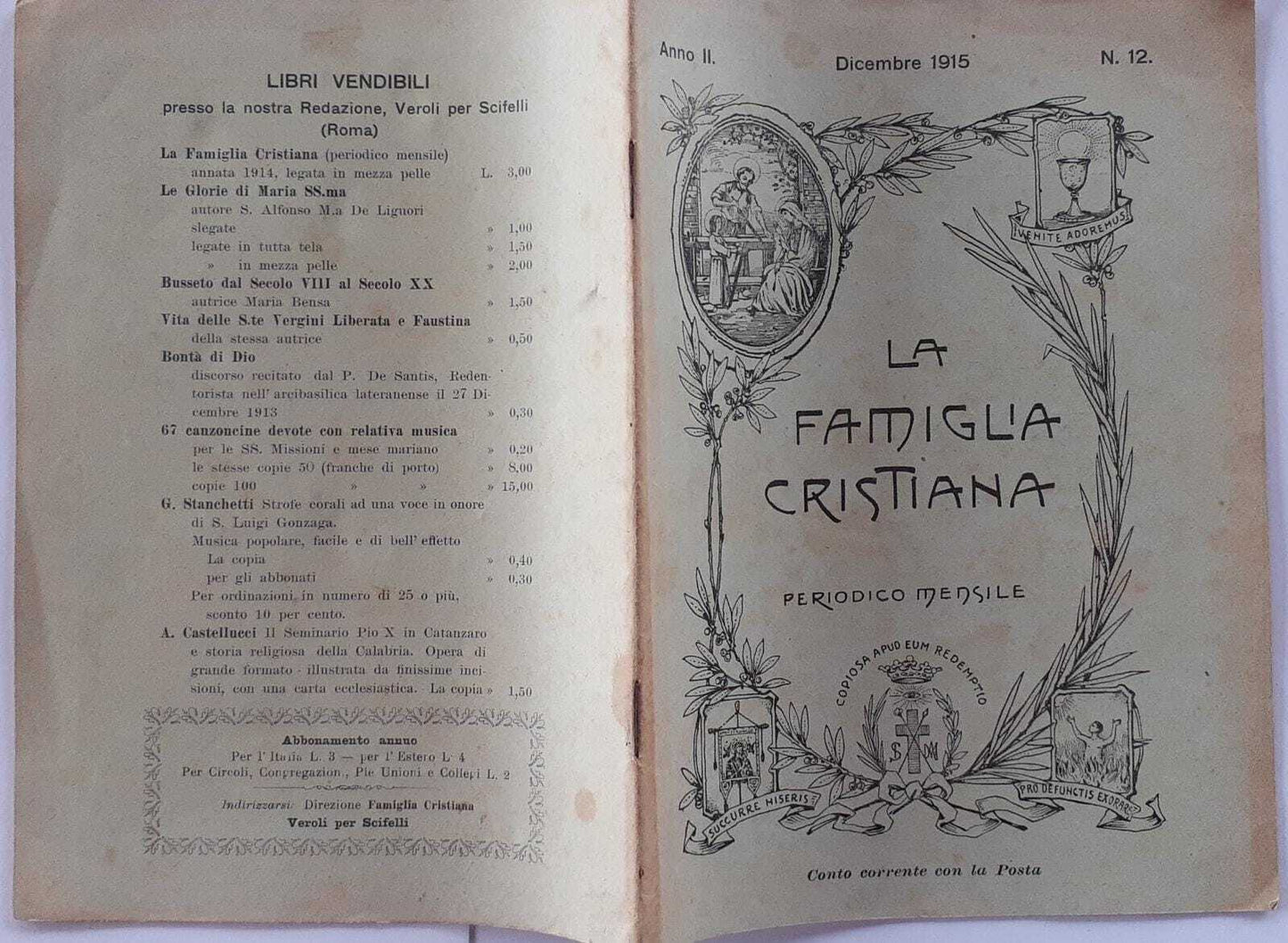 La famiglia cristiana. Periodico mensile. N.12 Anno II - copertina