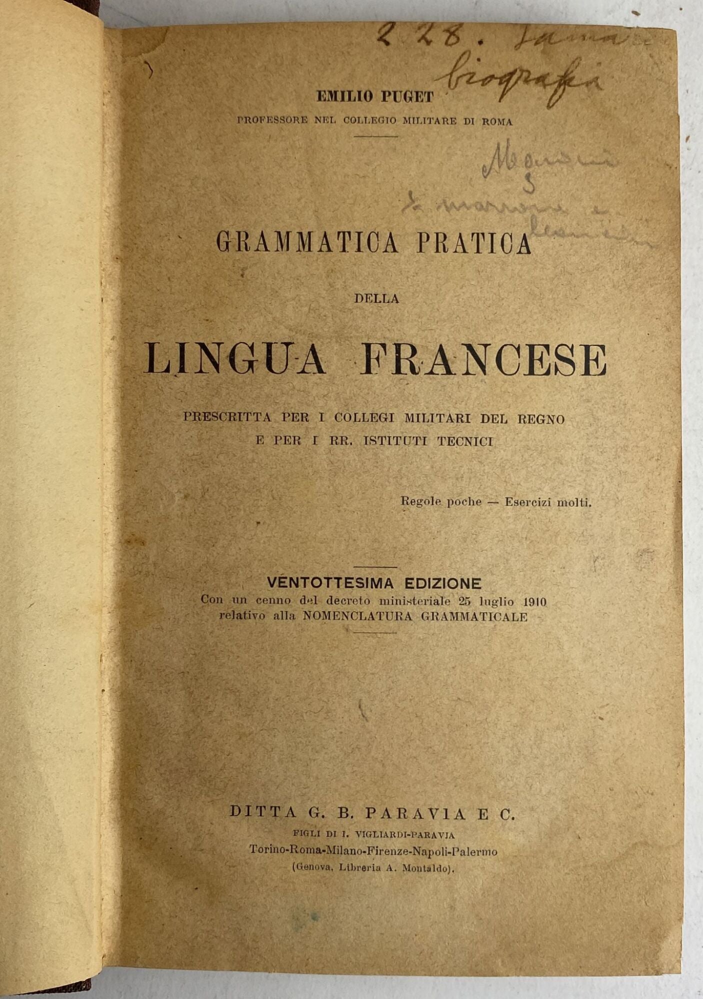 Grammatica pratica della Lingua Francese. Prescritta per i collegi militari del regno e per i rr. istituti tecnici - copertina
