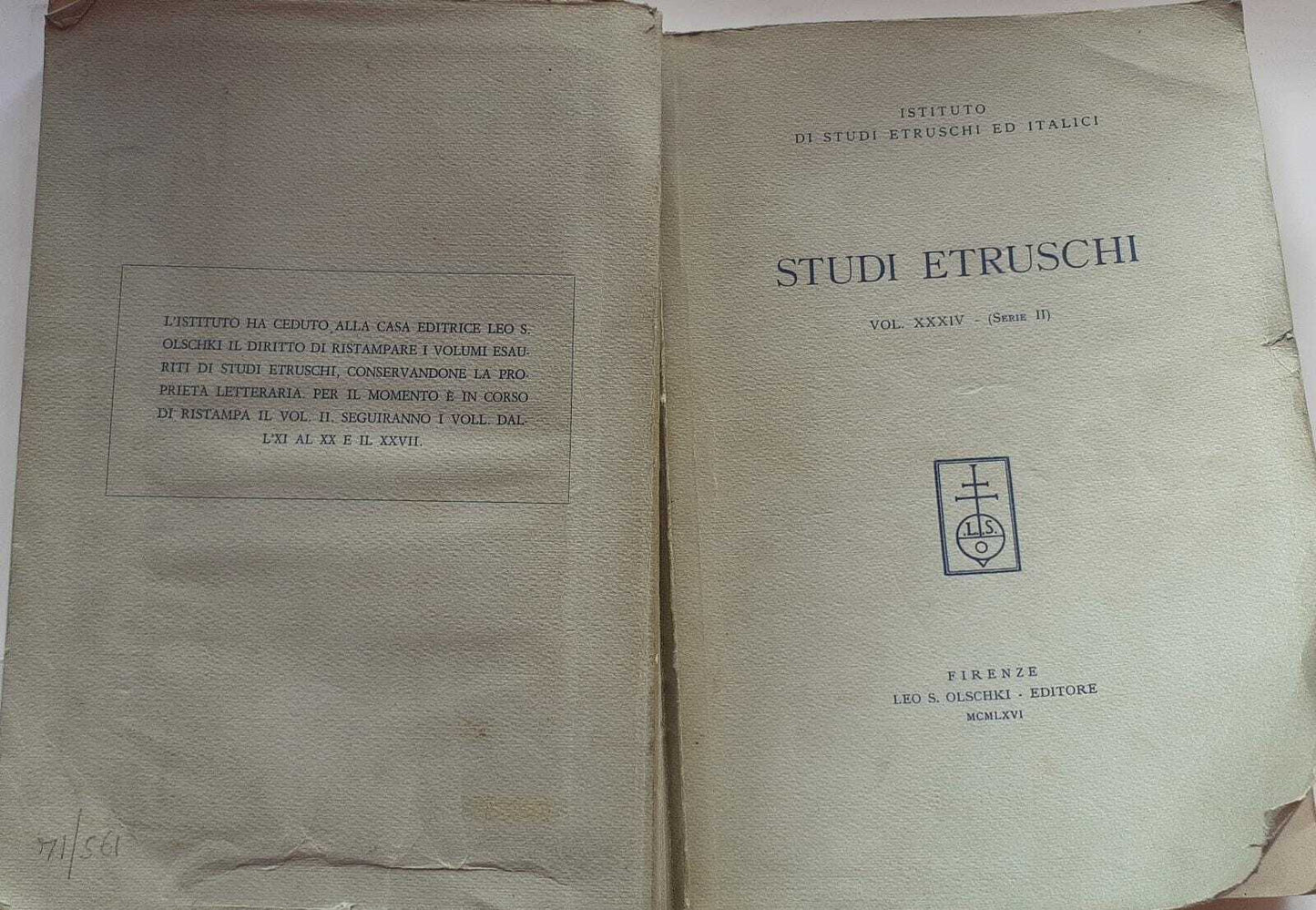 Studi etruschi. Volume XXXIV (Serie II) - copertina