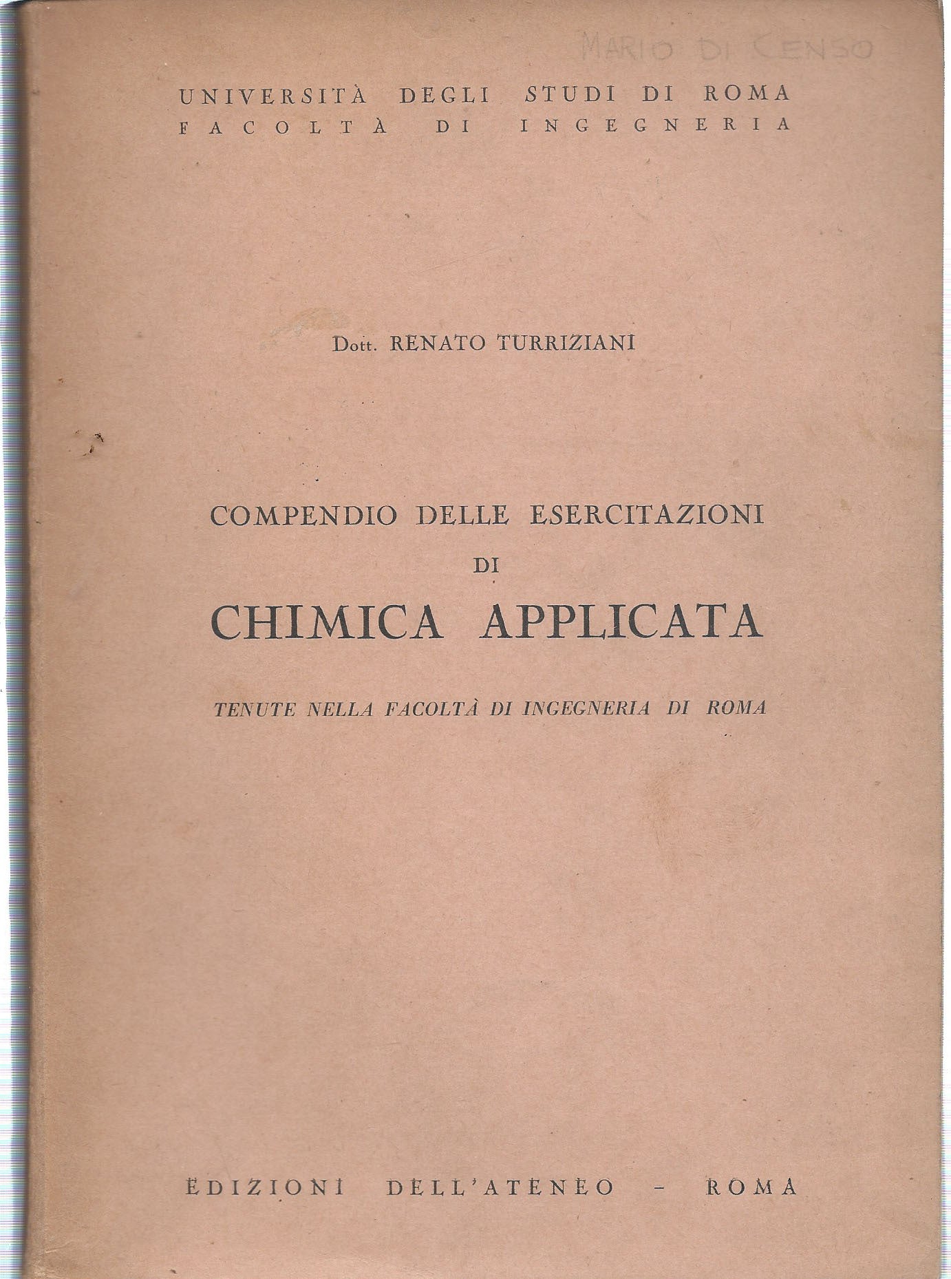 Compendio delle esercitazioni di chimica applicata tenuta nella facoltà di Ingegneria di Roma - copertina