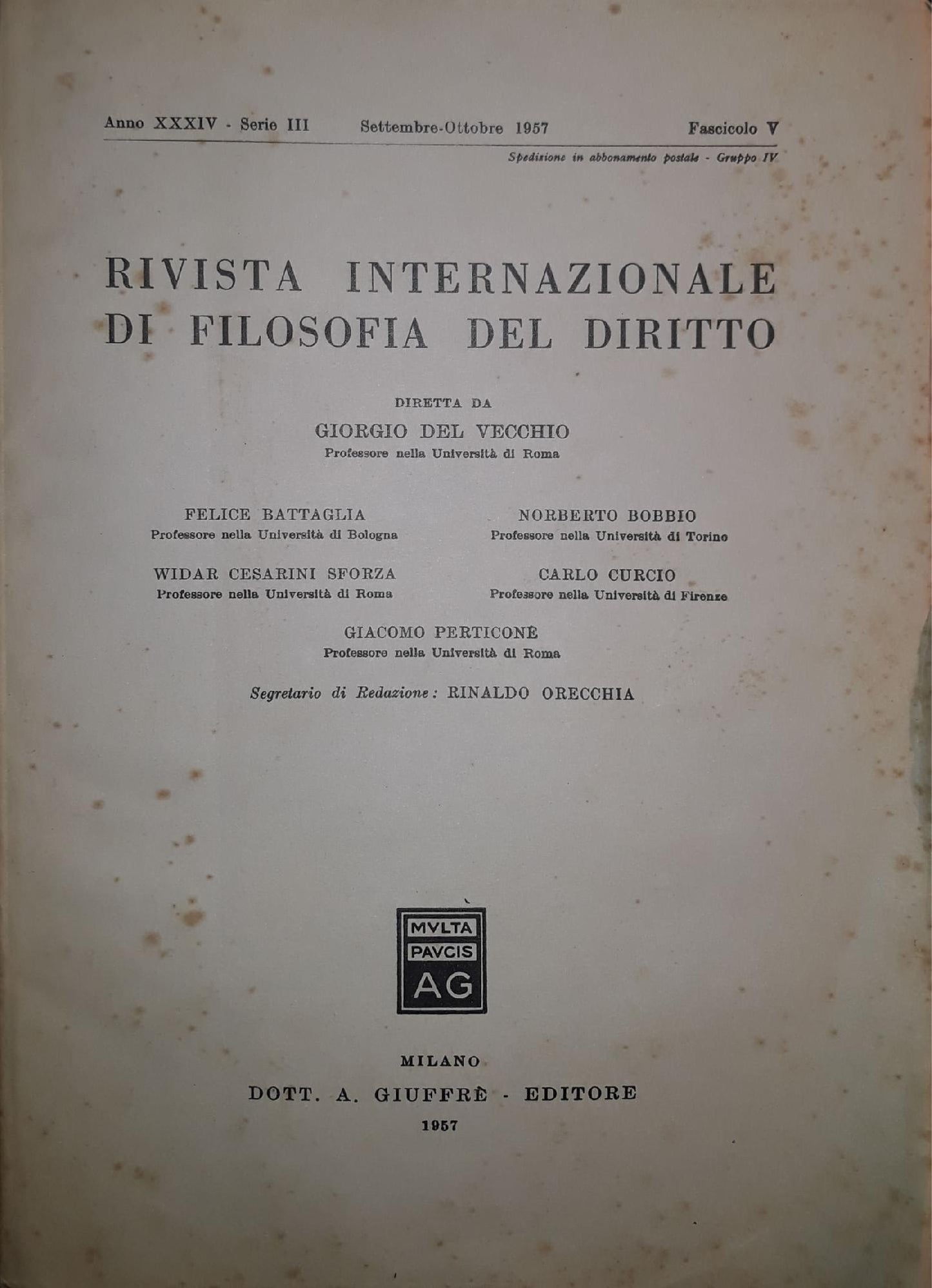 Rivista Internazionale di Filosofia del Diritto: fascicolo V settembre ottobre 1957 - copertina