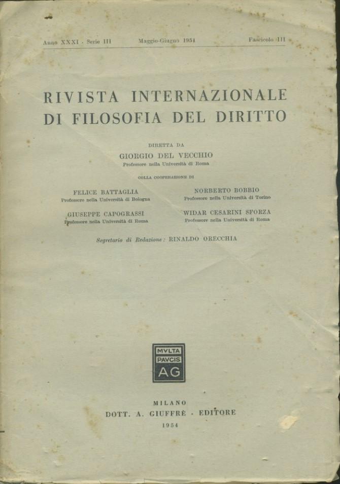 Rivista internazionale di filosofia del diritto. Anno XXXI. Serie III. Maggio - Giugno 1954 - copertina