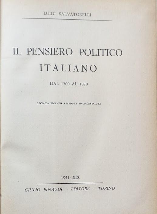 Il pensiero politico italiano, dal 1700 al 1870 - copertina