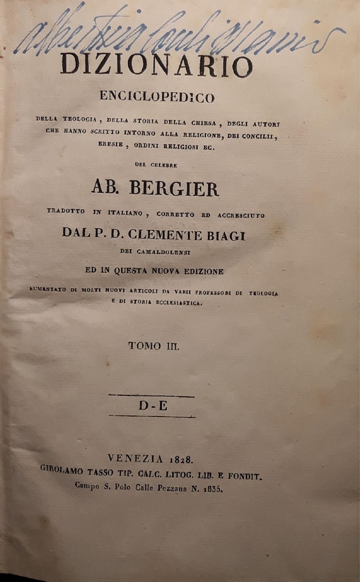 Dizionario enciclopedico della teologia, della storia della chiesa..(tomo III ) - copertina