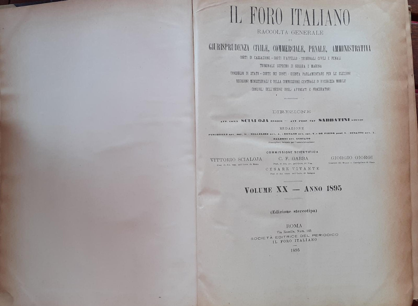 Il Foro Italiano. Raccolta generale giurisprudenza civile, commerciale, penale, amministrativa. Volume XX - copertina