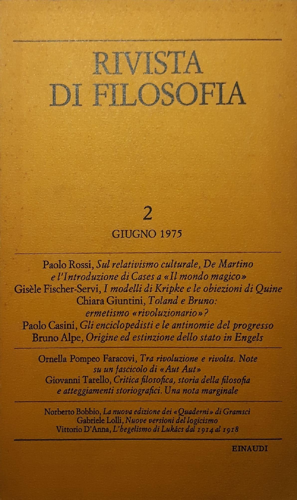 Rivista di filosofia: n.2 giugno 1975 - copertina