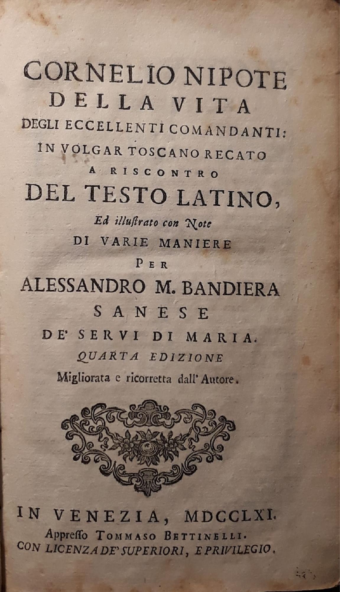 Cornelio nipote della vita degli eccellenti comandanti: in volgar toscano recato a riscontro del testo latino ed illustrato con note di varie maniere. - copertina