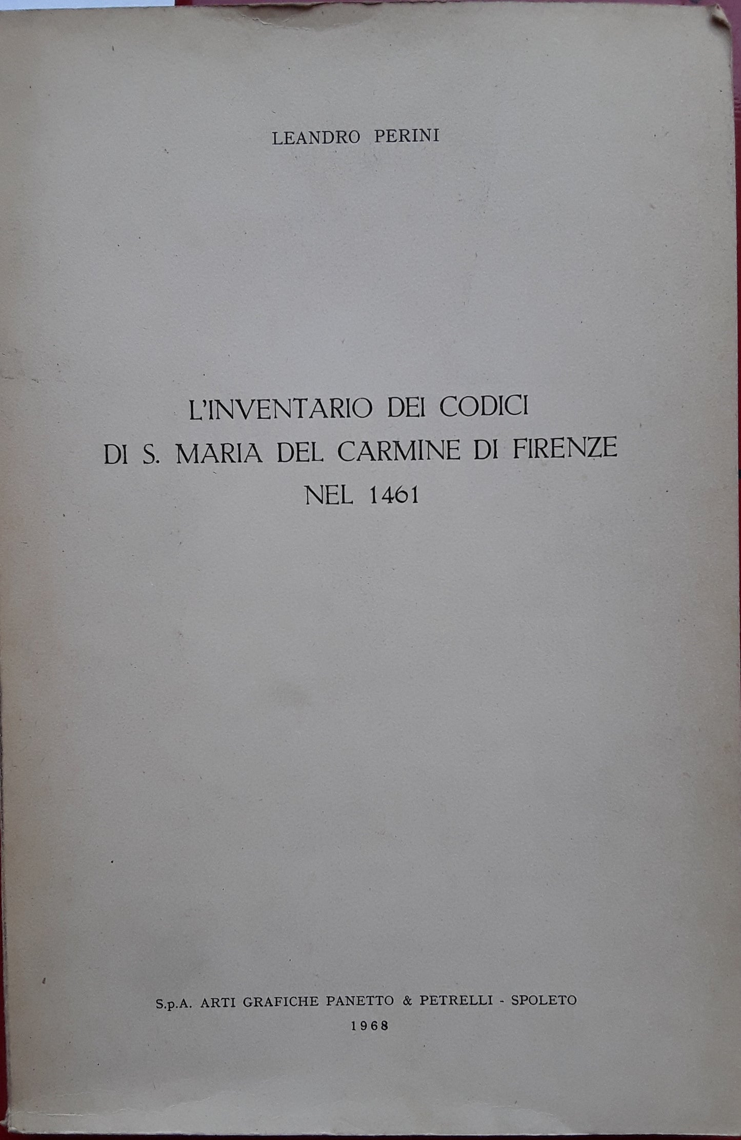 L'inventario dei codici di S. Maria del Carmine di Firenze nel 1461 - copertina