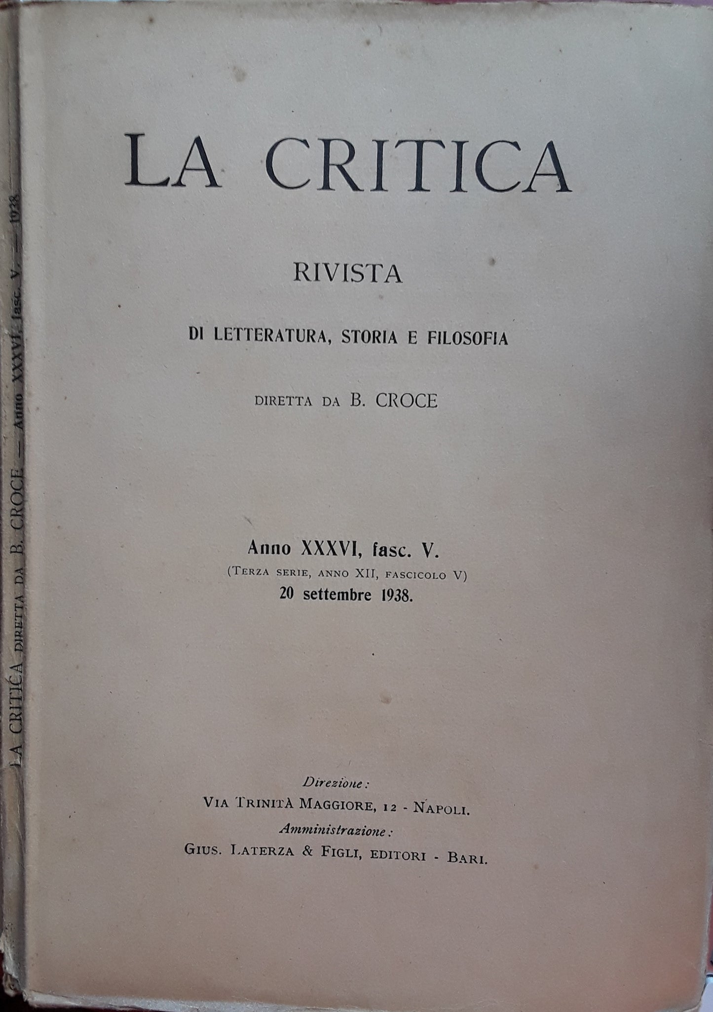 La critica. Rivista di letteratura, storia e filosofia. Anno XXXVI fasc. V. 20 settembre 1938 - copertina