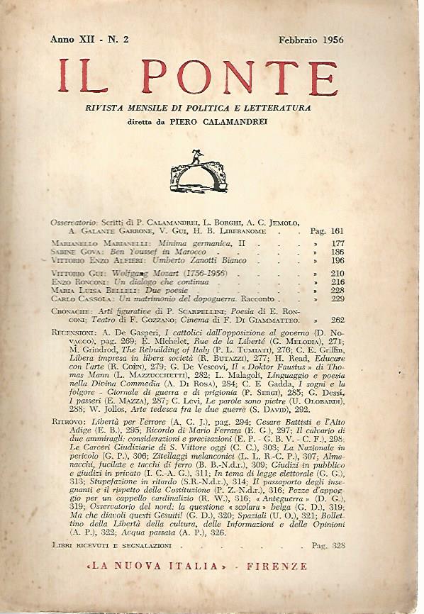 Il Ponte rivista mensile di politica e letteratura. Febbraio 1956 - copertina