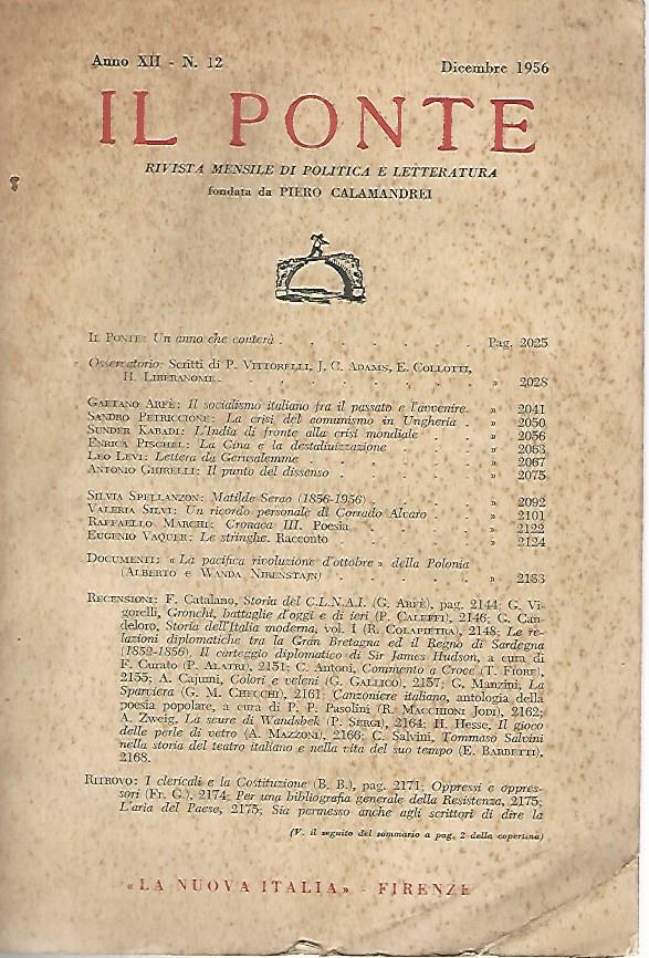 Il Ponte rivista mensile di politica e letteratura. Dicembre 1956 - copertina