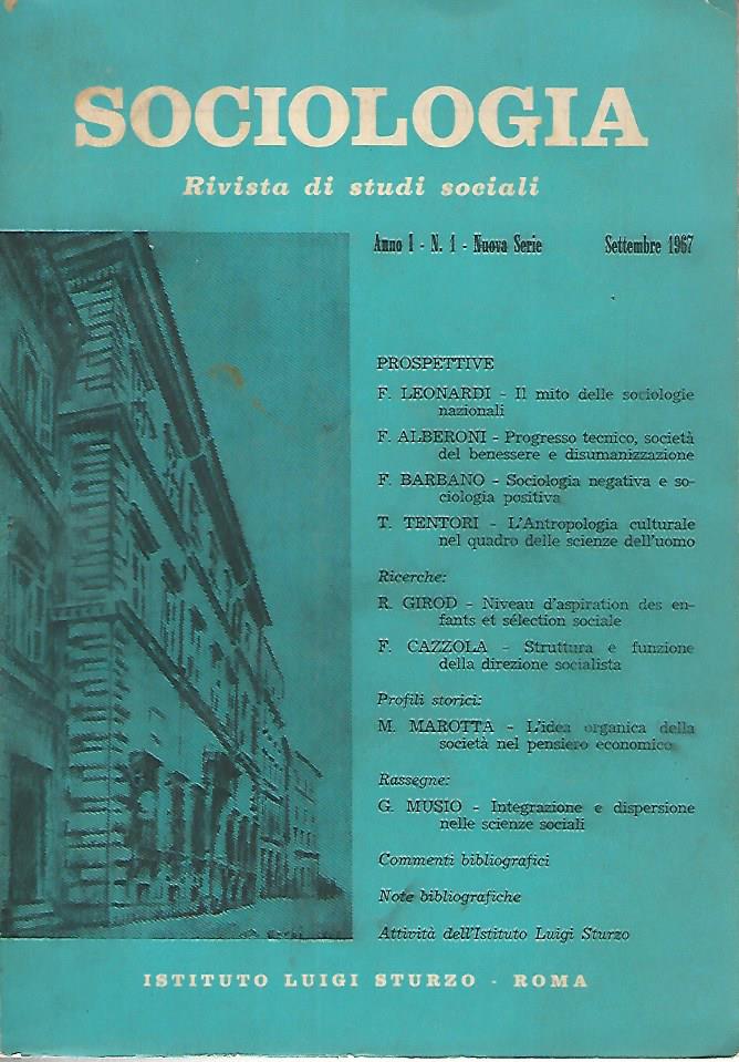 Sociologia. Rivista di studi sociali. Anno 1 n. 1 settembre 1967 - copertina
