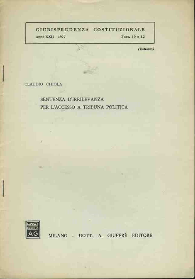 Sentenza d'irrilevanza per l'accesso a tribuna politica. Estratto - copertina