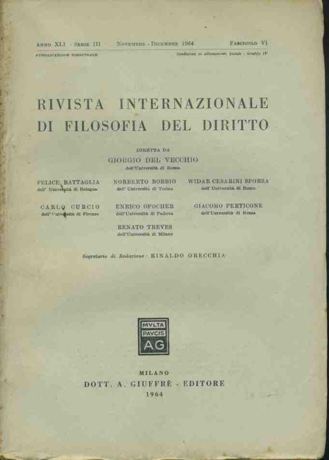 Rivista internazionale di filosofia del diritto. Novembre - Dicembre 1964 - copertina
