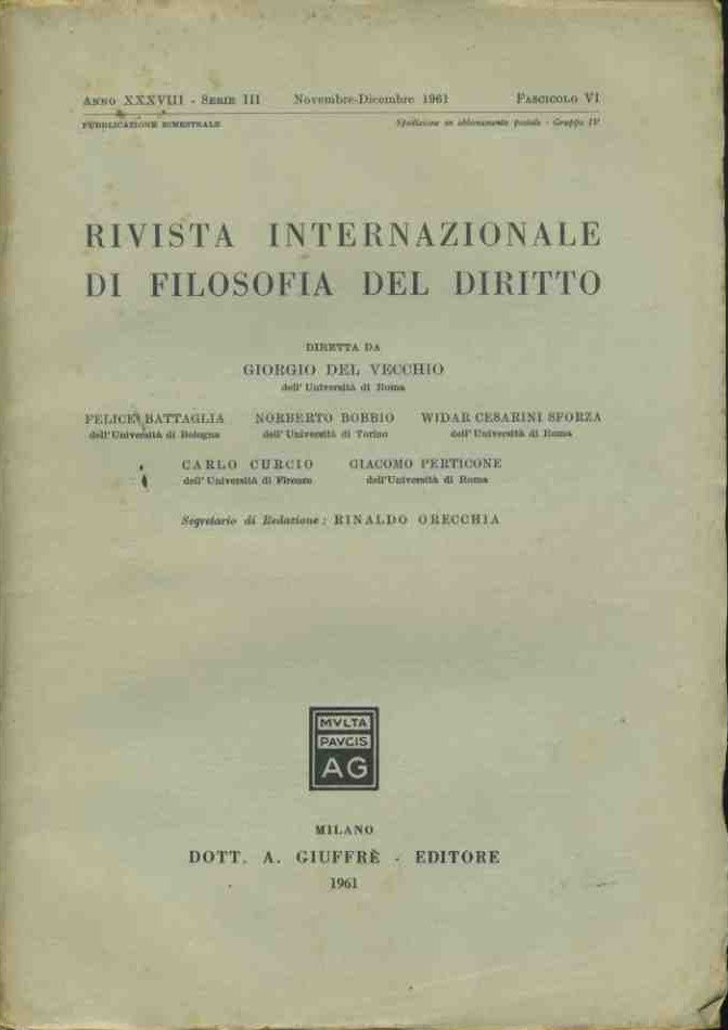 Rivista internazionale di filosofia del diritto. Novembre -Dicembre 1961 - copertina