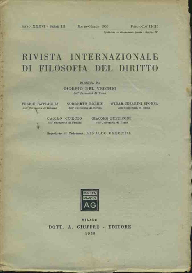 Rivista internazionale di filosofia del diritto. Marzo - Giugno 1959 - copertina